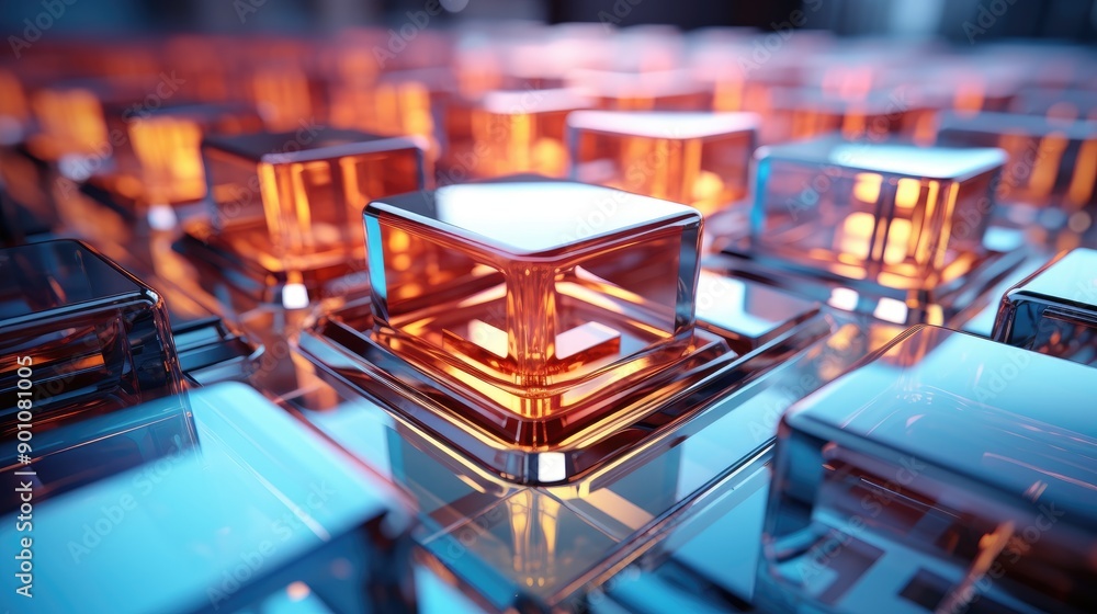 Sticker abstract animation, 3d render of rotating glass squares, 4k