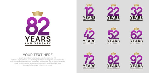 anniversary logotype set. purple color and golden crown can be use for celebration event