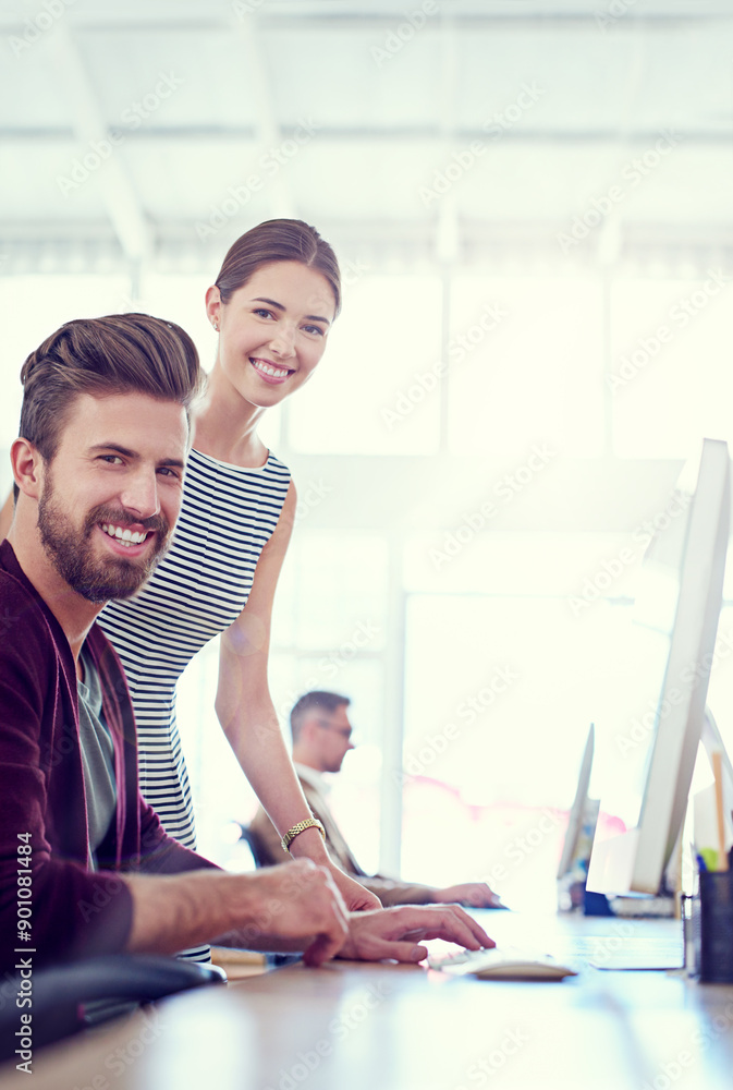 Poster Employees, portrait and computer in realtor office, coworking space and site for property update. Businesspeople, support and coordinate showing for client, real estate and online for market analysis