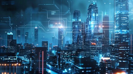 Obraz premium A futuristic city skyline with digital technology overlayed.