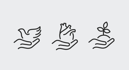 Charity and giving icons. Charity and giving trendy minimal icons set. Dove in Hand, Heart in Hand, Plant in Hand icon. Design signs for web page, mobile app, packaging design. Vector illustration.