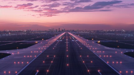 Twilight Techno Glow Airport Runway Illuminated with LED Lights and Digital Efficiency Data Displayed