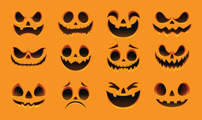 Set of Halloween pumpkin faces with a variety of scary and happy expressions. Vector cartoon illustration