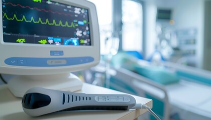 A close-up of a digital thermometer and smart health monitor on a bedside table in a hospital room, symbolizing advanced patient safety measures.