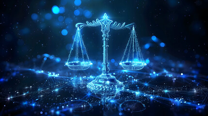 A digital representation of the scales of justice, composed of interconnected blue lights and nodes, symbolizing technology's role in modern legal systems.