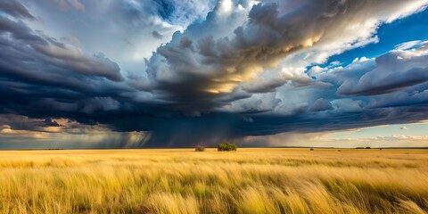 Storm clouds with rain over meadow with yellow grass Generative By AI