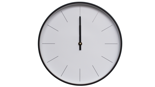Minimalist White face and Black frame Wall Clock on White background - Perfect for Time Management and Scheduling Concepts - 12.00, 0.00, 24.00