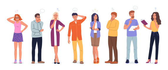 People think. Man person, question character, serious student or doubt woman human, thought exclamation. Confused thinking boys and girls standing. Vector cartoon flat illustration