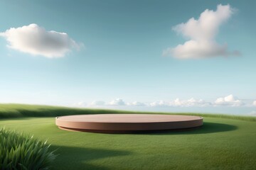 Brown circular pedestal on grassy landscape with cloudy sky. Outdoor shot. Product display and presentation concept. 3d render