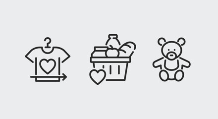 Charity and donations icons. Large set of charity and donations trendy minimal icons. Food Basket, Teddy Bear icon. Design signs for web page, mobile app, packaging design. Vector illustration