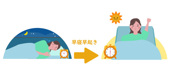 早寝早起きをする女性。生活習慣を整える。ベクターイラスト