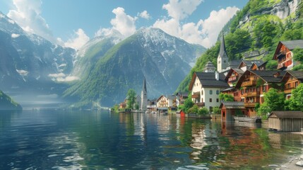 Fototapeta premium Hallstatt, Austria - Lakeside village with stunning mountain views