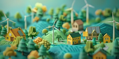 Colorful illustration of an eco-friendly village with houses featuring solar panels, wind turbines, and lush greenery. Ideal for promoting sustainability, clean energy, and environmental themes.