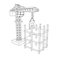 Construction crane tower. Building under construction industrial concept. Wireframe low poly mesh vector illustration.