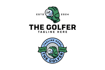 golf colorful badge logo with golf glove holding golf ball design set for golfer, golf sport and tournament. golf club illustration vintage logo element template for golf professional team