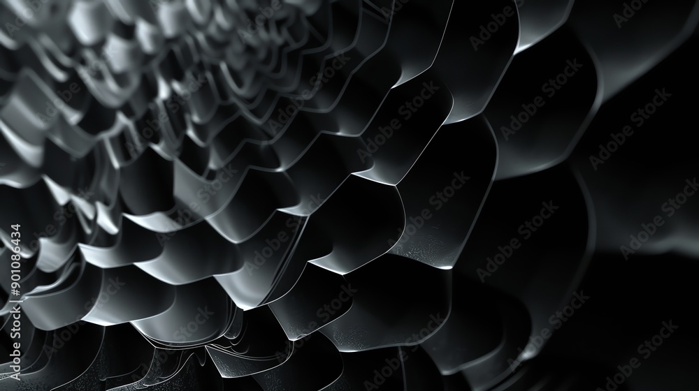 Poster a close-up of a 3d rendered abstract pattern of black geometric shapes.