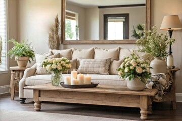 Naklejka premium A cozy countryside living room with soft beige walls and dark wooden floors.