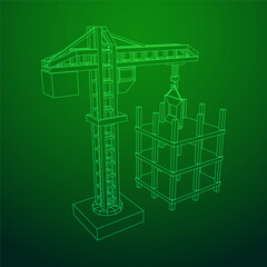 Construction crane tower. Building under construction industrial concept. Wireframe low poly mesh vector illustration.