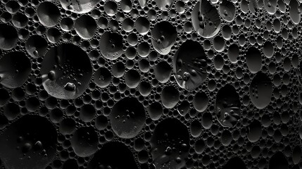 A close up of water droplets on a black surface.
