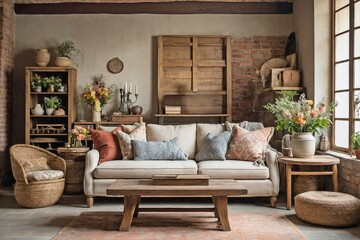 A rustic countryside living room with exposed brick walls and a wooden ceiling.