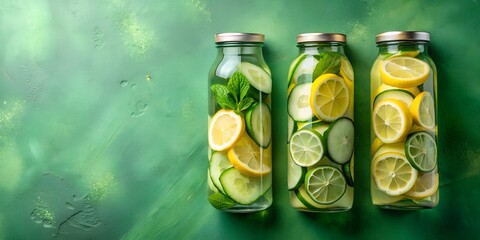Top view two glass bottles water drink detox with lemon and cucumber at sunlight on green AI-Generated Content