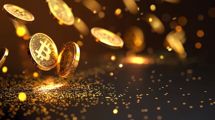 A 3D rendering of gold Bitcoin coins.