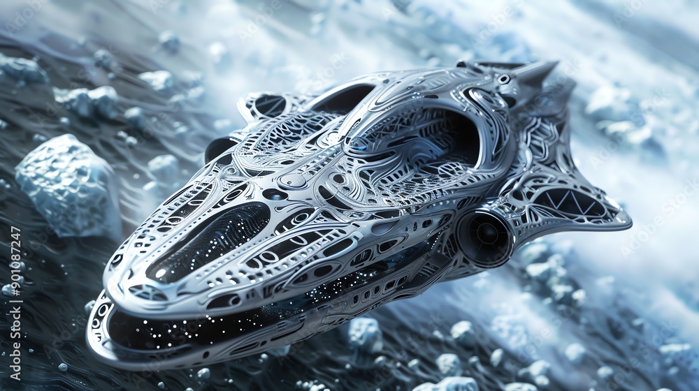 Poster a 3d rendered image of a futuristic spaceship with intricate details.