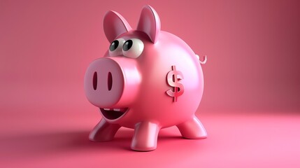 Obraz premium A 3D rendered image of a pink piggy bank with a gold dollar sign on a pink background.