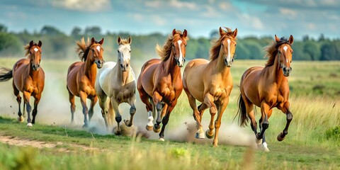 Horses gallop across the grassy track, scattering blades of grass in their wake Generative AI, slow motion