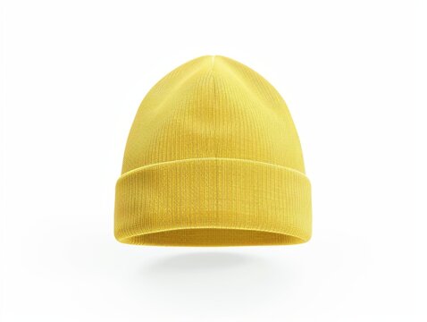A blank yellow beanie hat is showcased against a pristine white background for design mockup purposes.