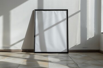 an empty blank picture frame leaning against a white wall - art / poster mockup template