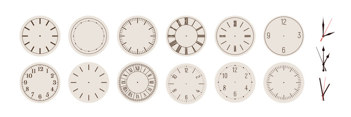 Clock faces set. Watches, clockface in old vintage and modern design styles. Analog dial with numbers. Round circle plates with pointers, arrows. Vector illustration isolated on white background