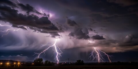 Dark stormy skies with vivid lightning Generative AI, heavy thunderstorm, dark and gloomy