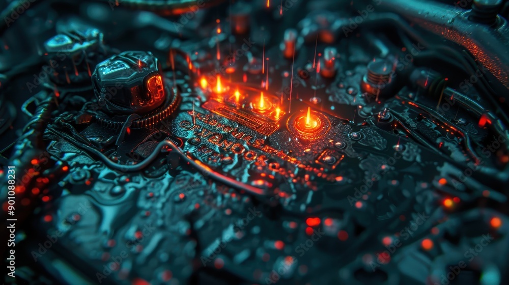 Aufkleber close-up of a complex electronic circuit board with glowing components, showcasing modern technology