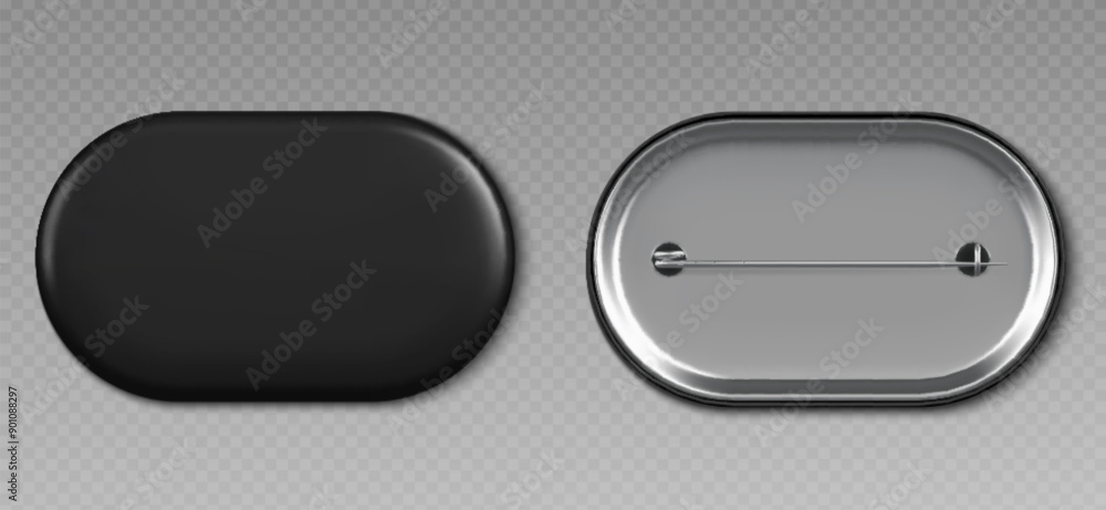 Poster black pin badge mockup top and bottom view. blank glossy rectangle brooch tag with rounded corners f
