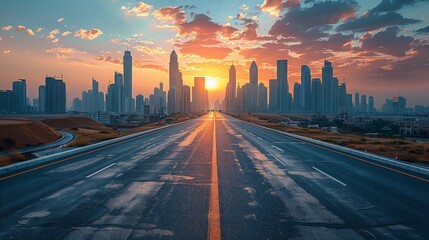Fototapeta premium A clear view down a smooth highway leading towards a modern city skyline under bright blue skies, capturing the essence of urban progress and connectivity.