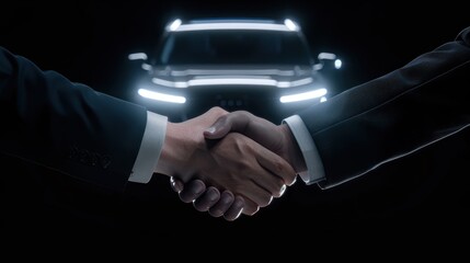 Business handshake with car deal concept, emphasizing partnership and trust in the automotive industry, with a modern car in the background.
