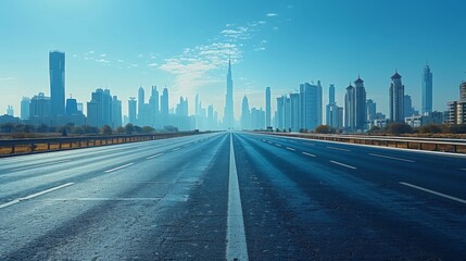 Obraz premium A clear view down a smooth highway leading towards a modern city skyline under bright blue skies, capturing the essence of urban progress and connectivity.