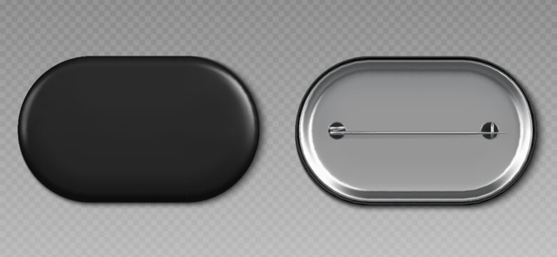 Black pin badge mockup top and bottom view. Blank glossy rectangle brooch tag with rounded corners for merch template. 3d realistic vector illustration of empty promotional and advertising souvenir.