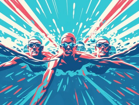 Dynamic illustration of competitive swimmers in action, showcasing speed, power, and determination with vibrant colors and motion effects.