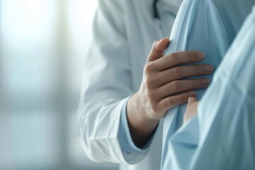 A doctor comforting a patient with a supportive touch under soft lighting in a health facility