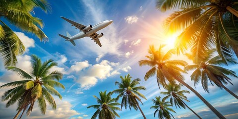 Fototapeta premium An aeroplane over palm trees Travel to a tropical island Generative By AI