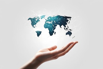 Global Connection:  A hand delicately cradles a stylized world map, symbolizing global reach, interconnectedness, and the power of collaboration.  