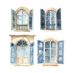 Set of four watercolor illustrations of windows with shutters.
