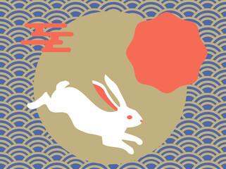 Mid-Autumn Festival or Moon Gazing Banner featuring cheerful bunnies with lanterns on dark blue background