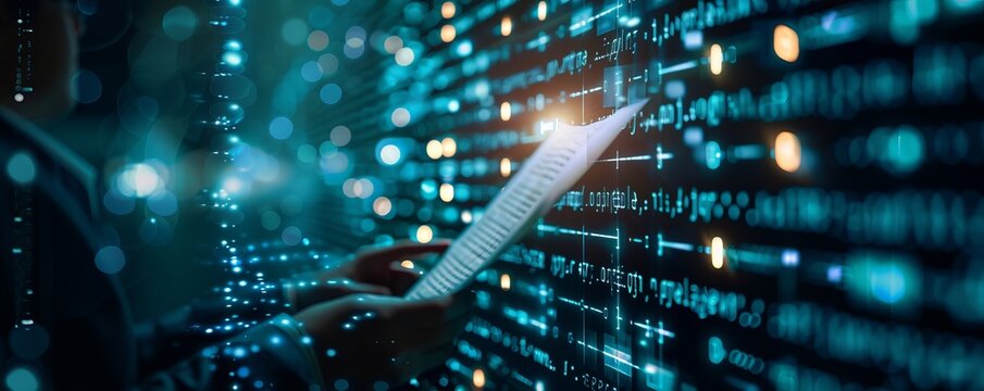 Person analyzing data sheet amidst digital matrix background representing big data and technology concepts.