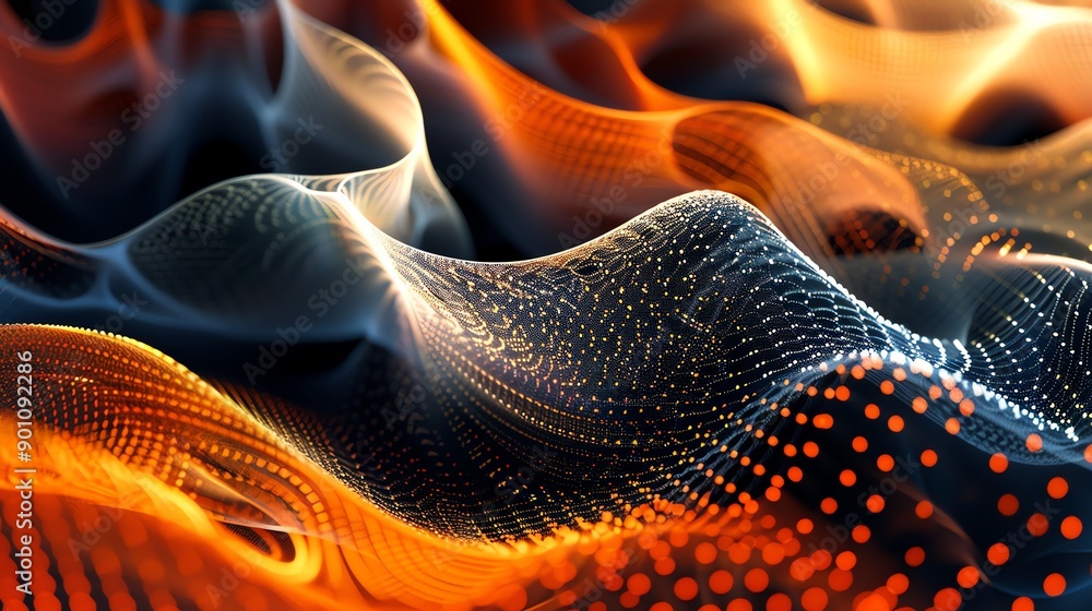 Poster a digital rendering of a flowing, abstract background with a grid pattern and warm, glowing colors.
