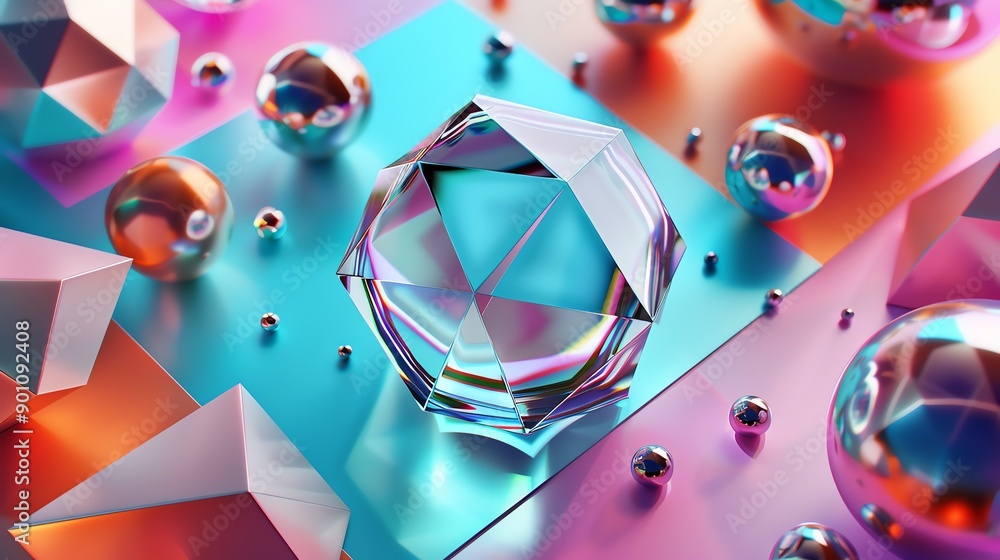 Poster a 3d render of colorful and shiny geometric shapes, including spheres and pyramids.