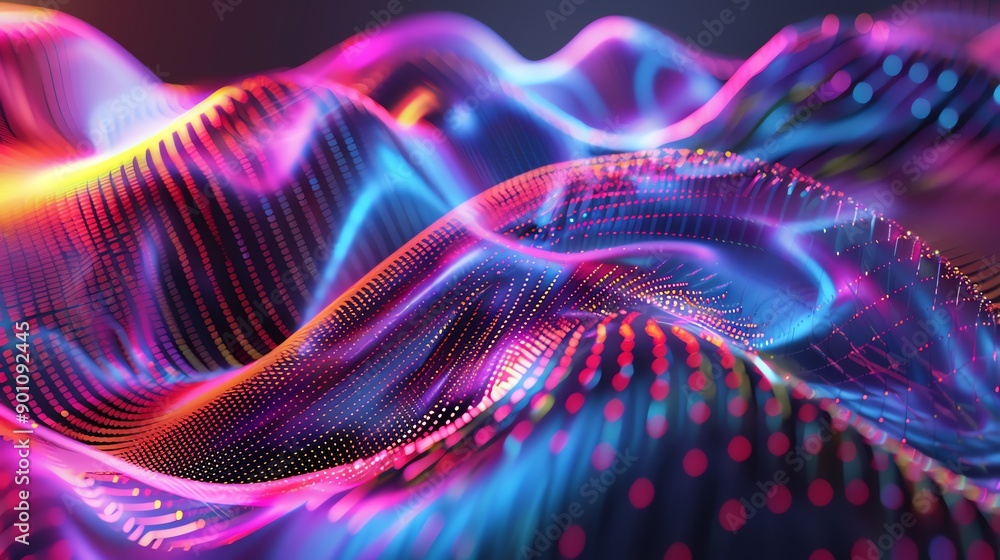 Poster an abstract background with flowing, colorful lights and a grid pattern.