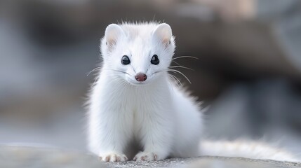   A close-up of a small white animal on the ground with a blurry background behind it